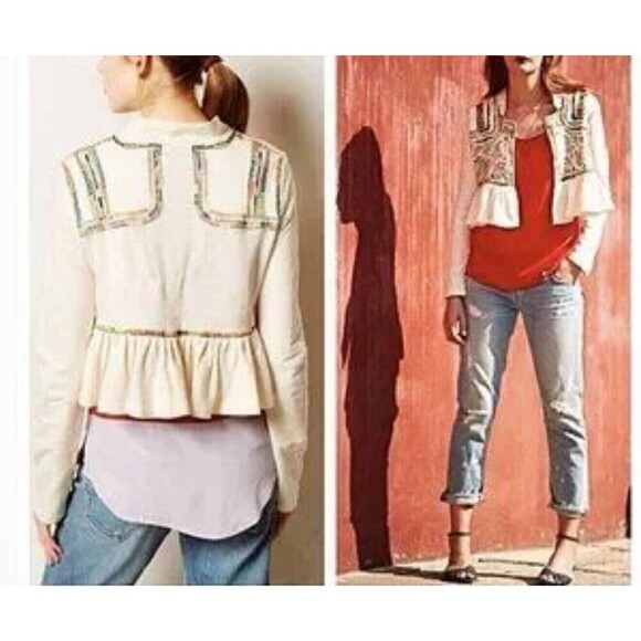 Anthropologie Lilka Knit Cropped Jacket Cardigan Women M Ivory Embroidered Boho - Picture 7 of 9